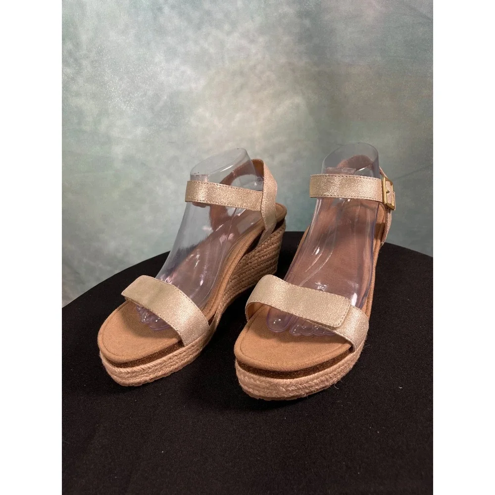Aetrex Sydney Champagne Gold Shimmer Leather Espadrille Wedge Sandals Womens 10